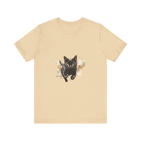 Black Cat Watercolor Sprint T-Shirt: A colorful watercolor design of a black cat sprinting on a soft, comfortable black t-shirt