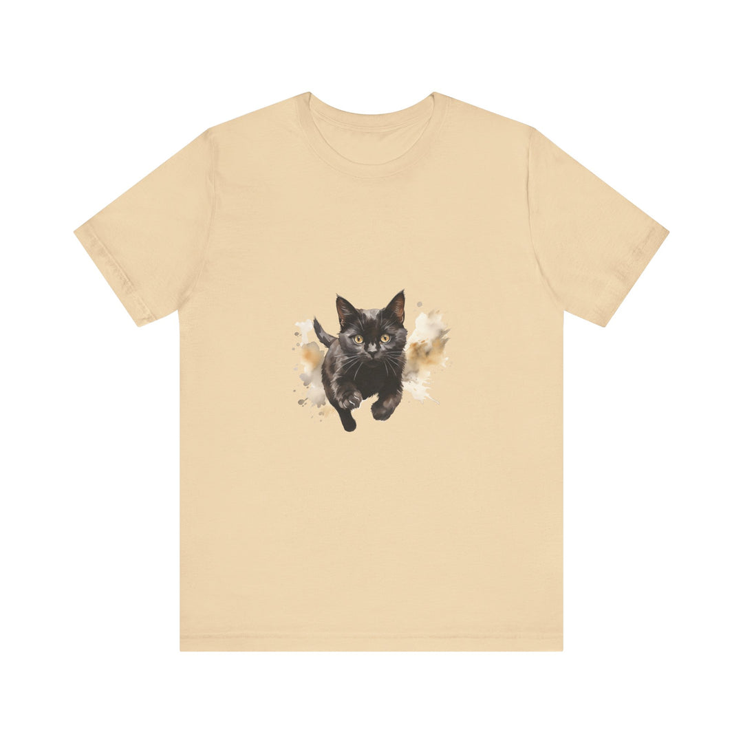 Black Cat Watercolor Sprint T-Shirt: A colorful watercolor design of a black cat sprinting on a soft, comfortable black t-shirt