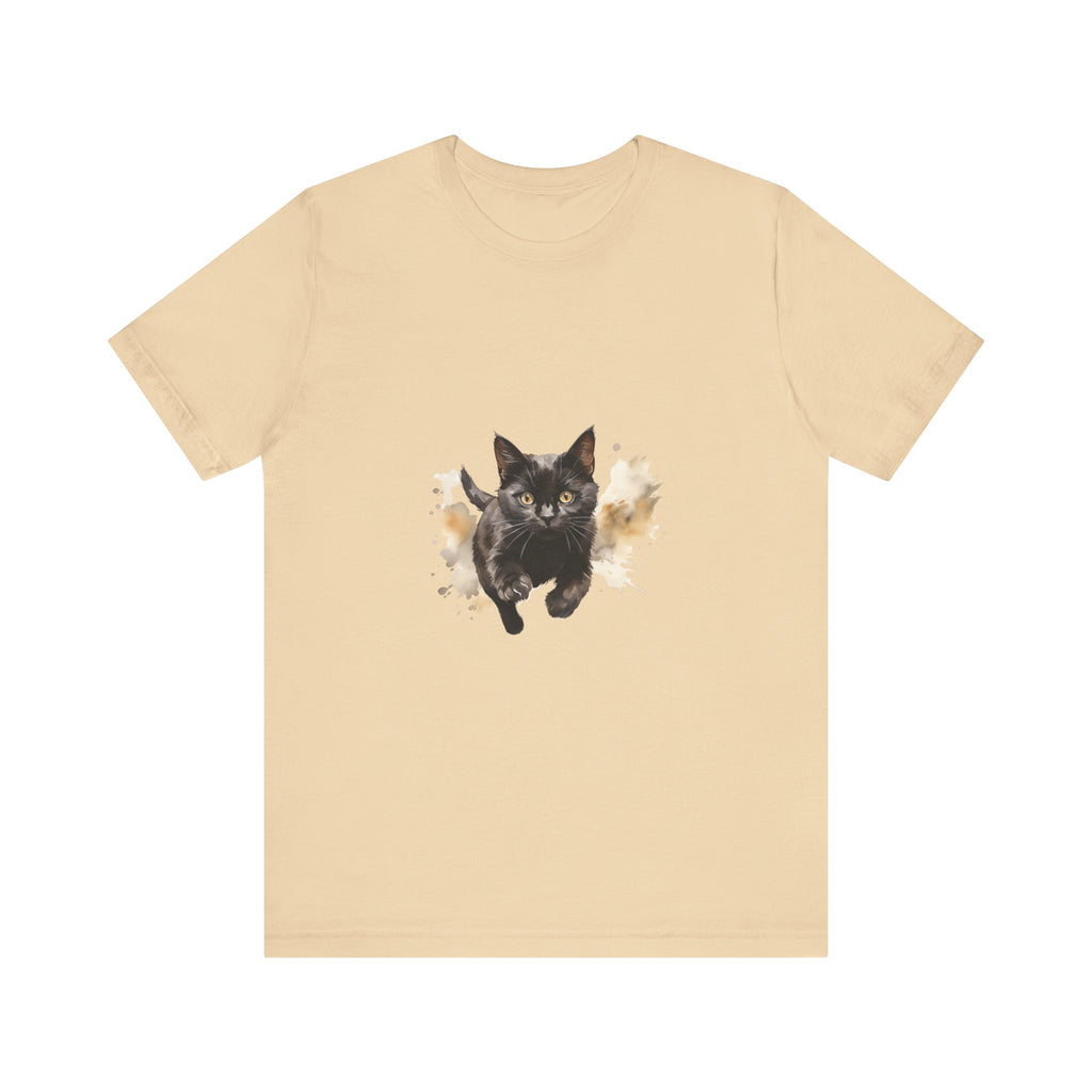 Black Cat Watercolor Sprint T-Shirt: A colorful watercolor design of a black cat sprinting on a soft, comfortable black t-shirt