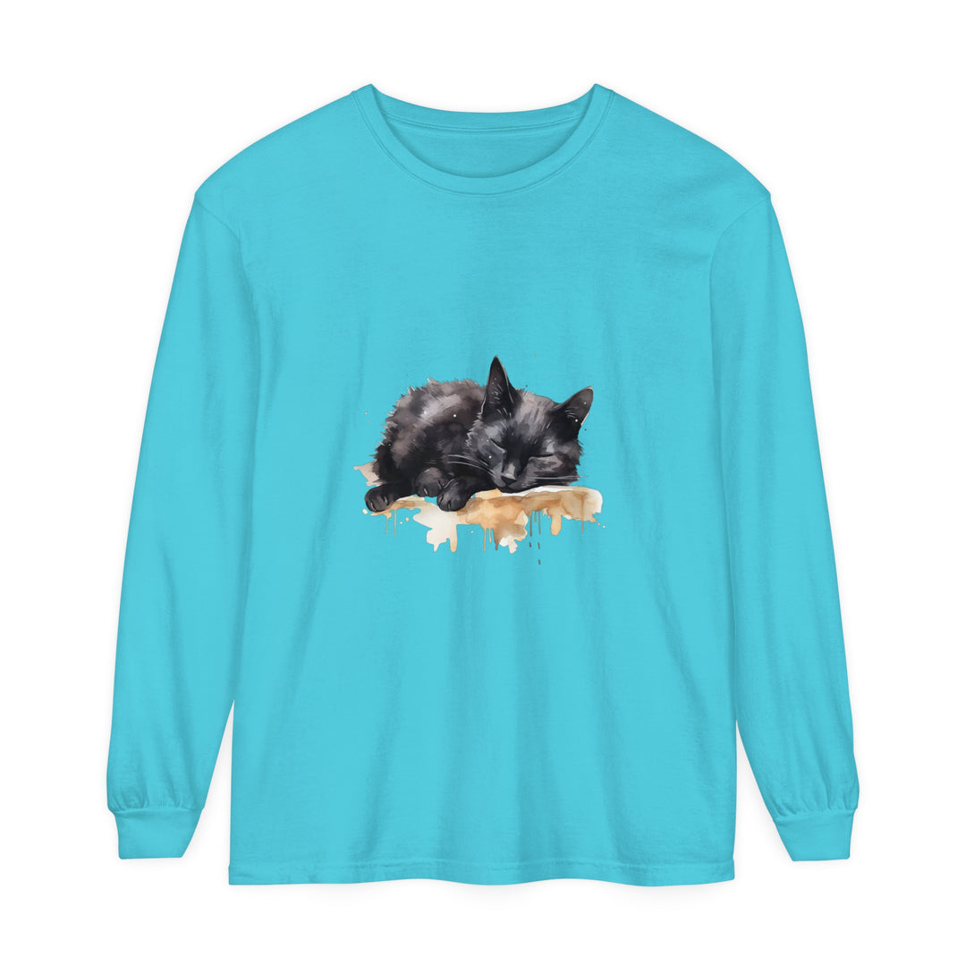 A watercolor illustration of a sleeping black cat on a t-shirt