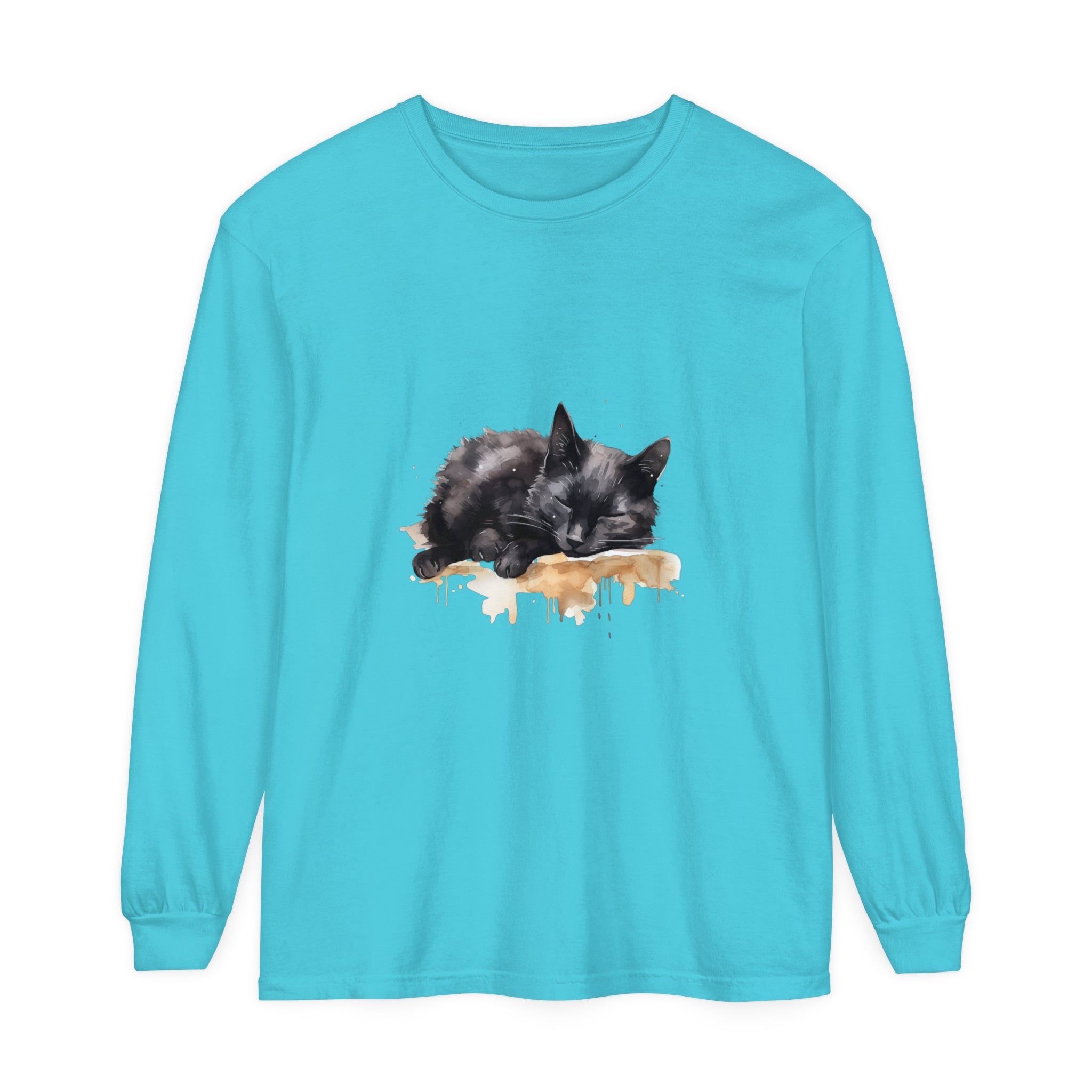 A watercolor illustration of a sleeping black cat on a t-shirt