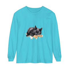 A watercolor illustration of a sleeping black cat on a t-shirt