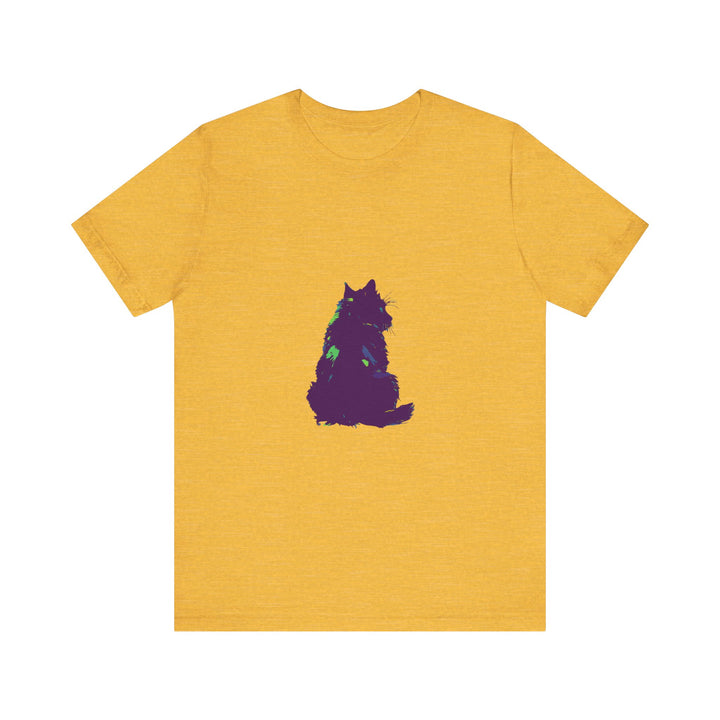 A close-up image of a black cat silhouette on a colorful t-shirt, perfect for mystery lovers