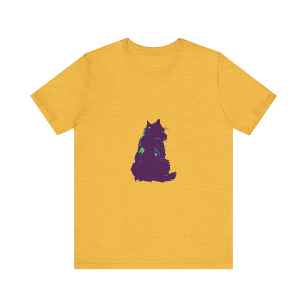 A close-up image of a black cat silhouette on a colorful t-shirt, perfect for mystery lovers