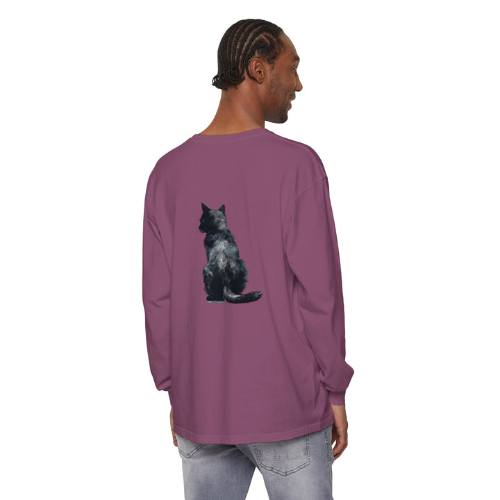 Unique and eye-catching black cat watercolor design on a long sleeve t-shirt