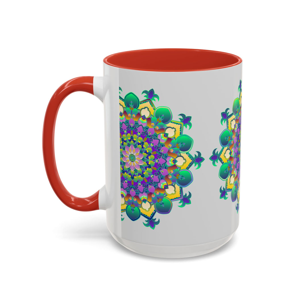 Exquisite mandala art mug in light grey with intricate and vibrant patterns