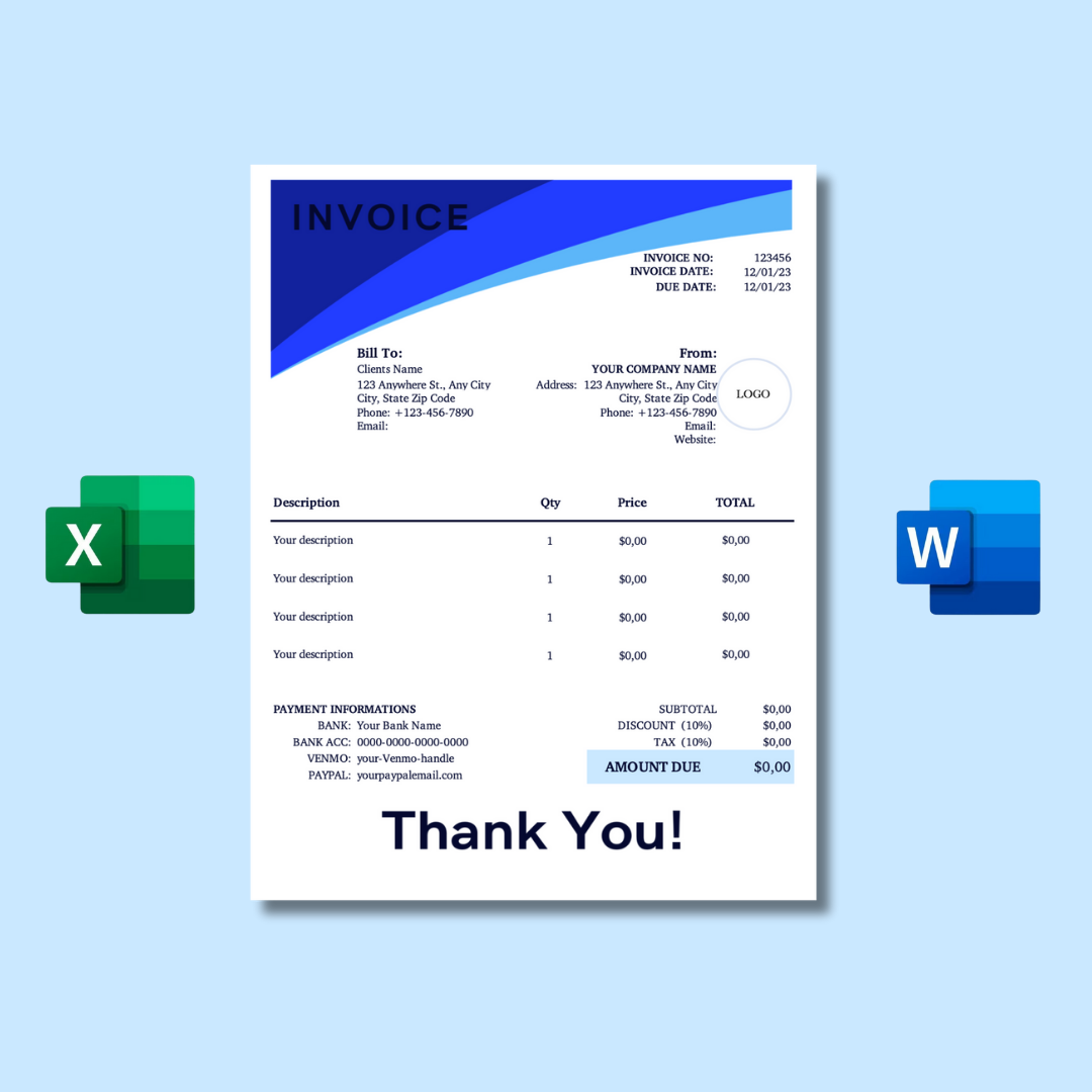 Blue Invoice Template | Editable Excel & Word Format | US Letter | Small Business