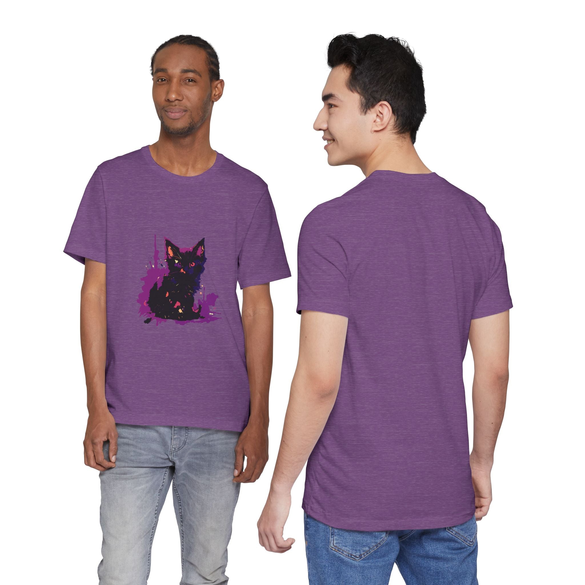 Schwarzes Katzenrätsel – Lila Farbspritzer-T-Shirt