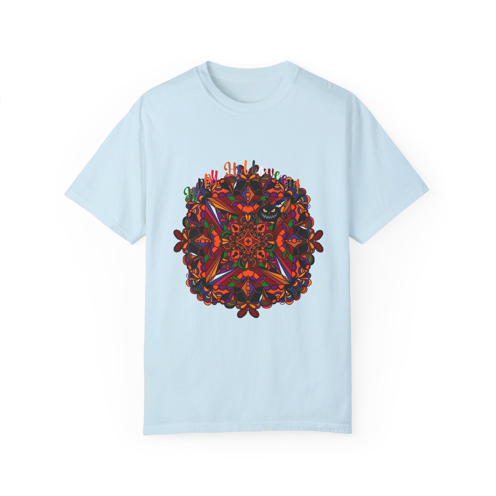 Unisex garment-dyed tee featuring handmade pumpkin mandala art for Halloween