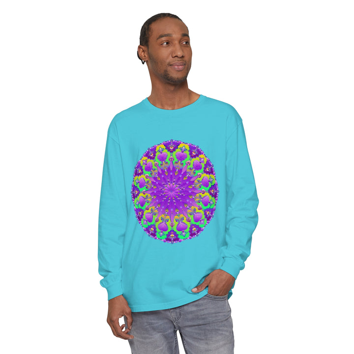 Close-up image of a purple and green mandala long sleeve t-shirt, featuring intricate design and vibrant colors, perfect for boho fashion lovers