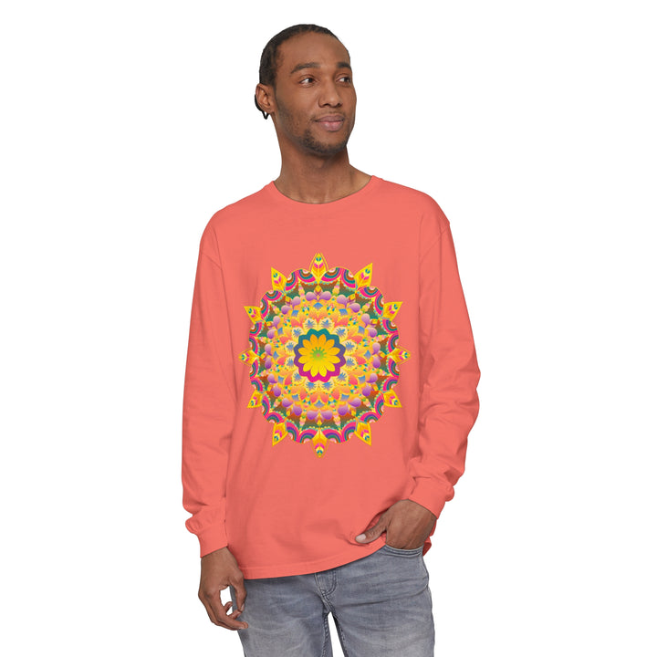 Colorful and intricate psychedelic mandala design on a long sleeve t-shirt