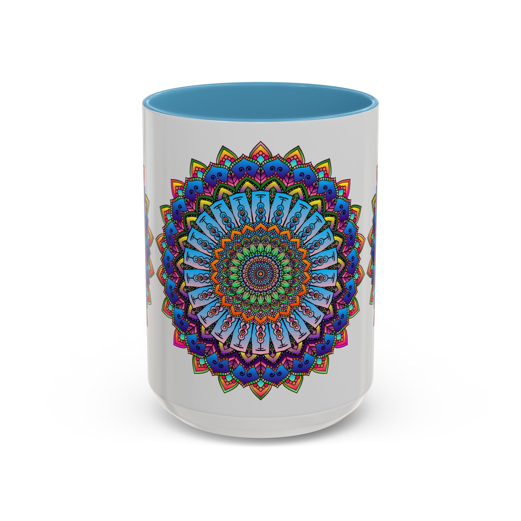 Vibrant Mandala Mug featuring colorful art in various shades of red, blue, and yellow against a sleek grey background, adding a pop of color to your coffee or tea routine