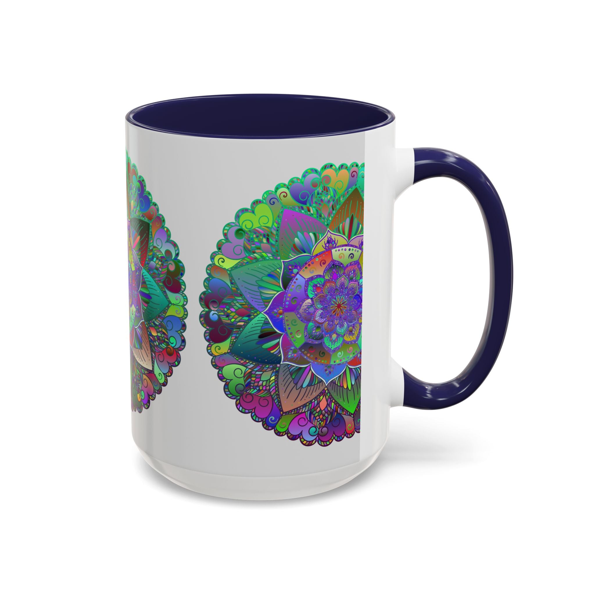 Colorful mandala art mug with intricate design, perfect for enjoying your morning coffee or tea in style