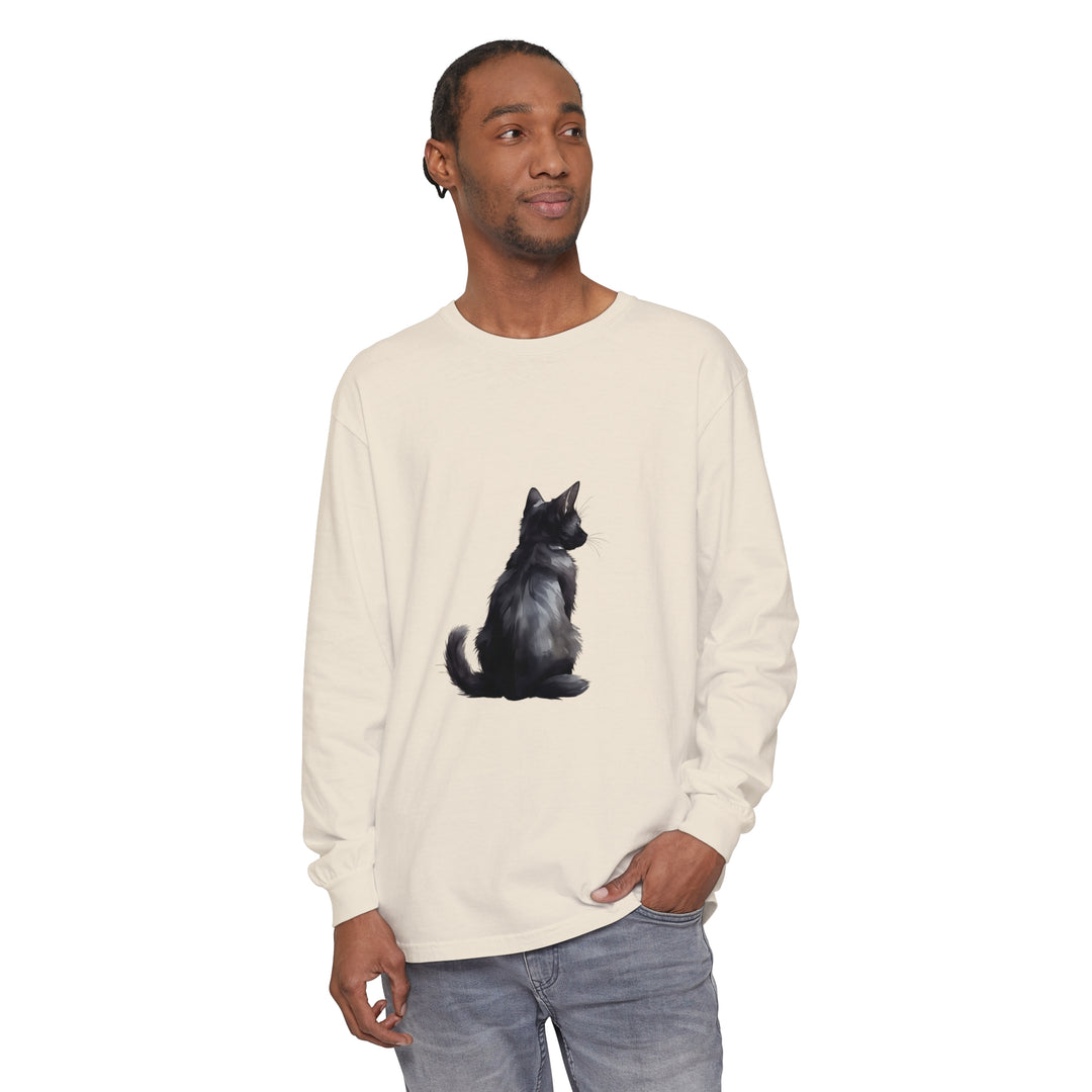 Black Cat Mystery unisex long sleeve tee in black with mystery cat design