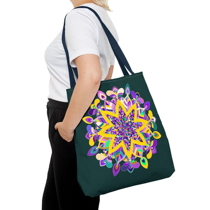 Dark green mandala tote bag with colorful design, perfect for zen girls, from the Blululi collection