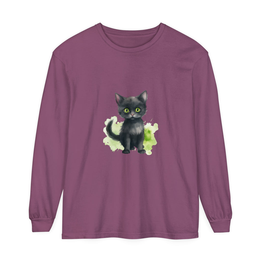 Black Cat Watercolor Long Sleeve T-Shirt with vibrant watercolor design and playful black cat graphic