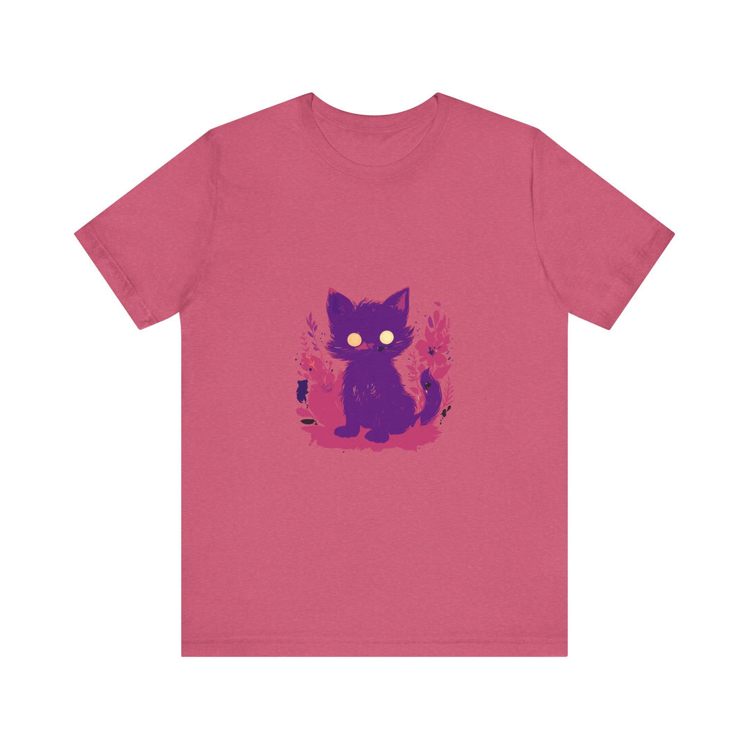 A vibrant purple t-shirt with a whimsical design of a mysterious cat