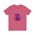 A vibrant purple t-shirt with a whimsical design of a mysterious cat