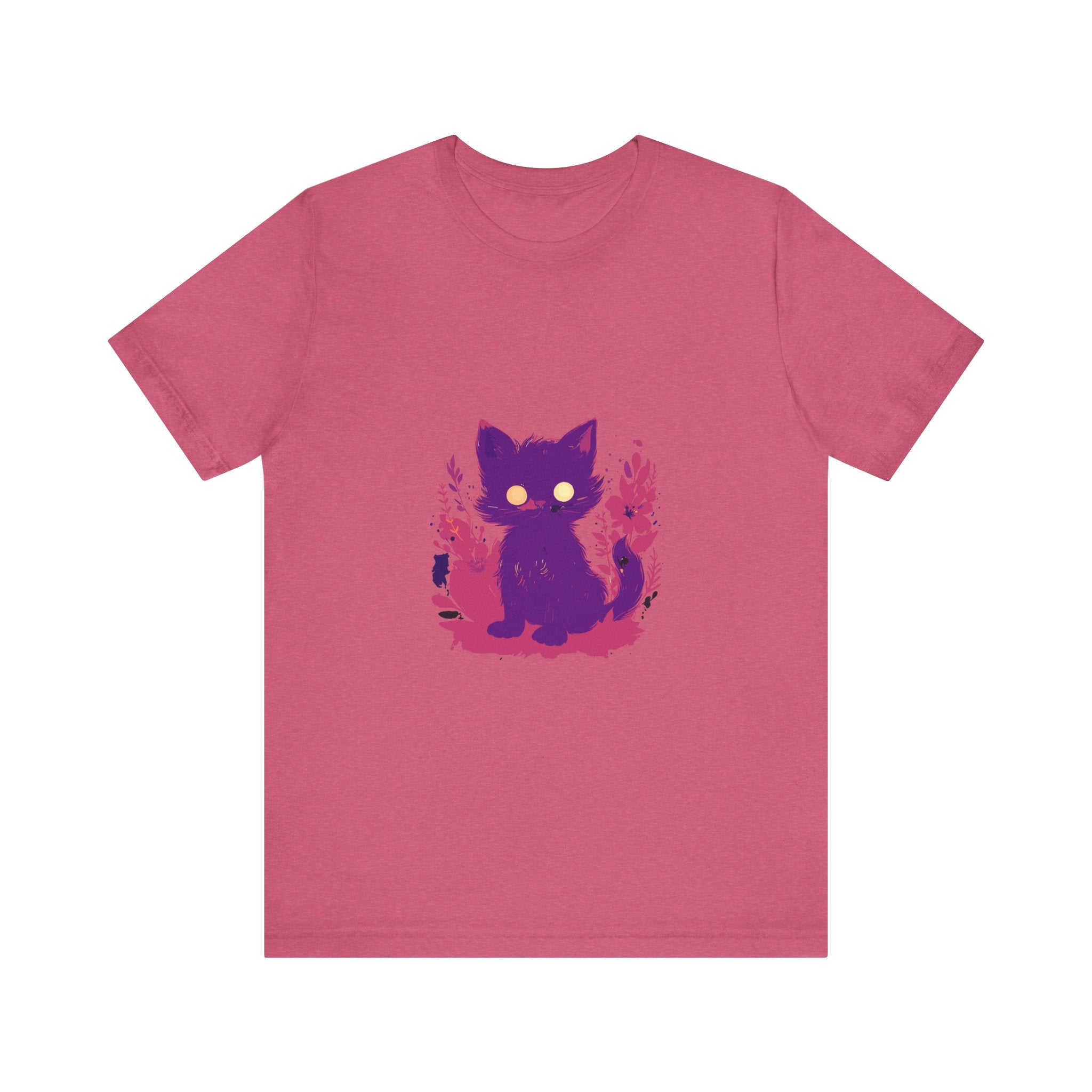 A vibrant purple t-shirt with a whimsical design of a mysterious cat