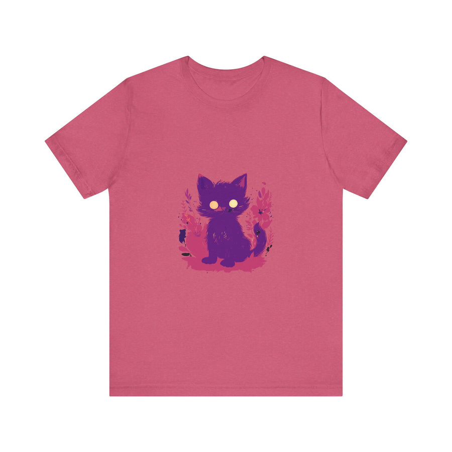 A vibrant purple t-shirt with a whimsical design of a mysterious cat