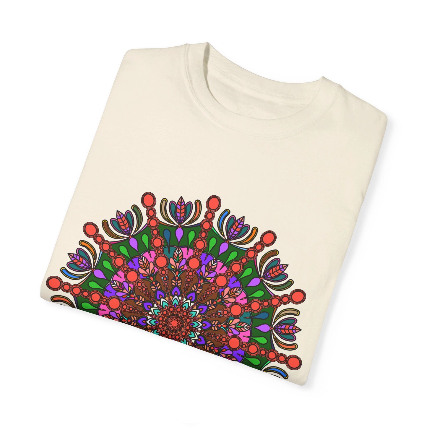 Hand-drawn mandala art unisex t-shirt made from 100% ring-spun cotton, garment-dyed for extra comfort