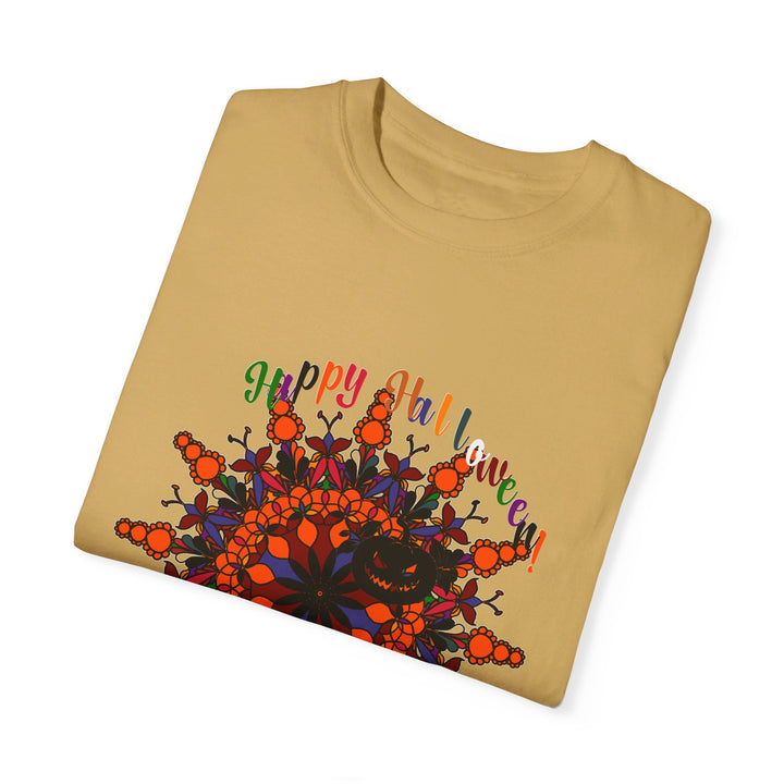 Handmade unisex Halloween T-shirt with pumpkin mandala art, garment-dyed for a unique look