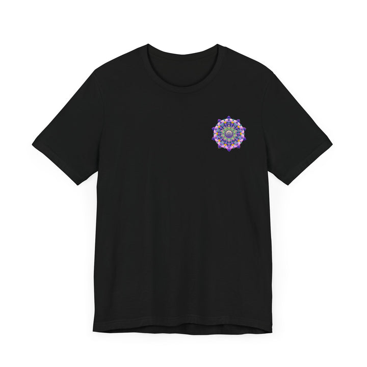 A vibrant and colorful mandala t-shirt featuring spiritual symbols for peace and harmony