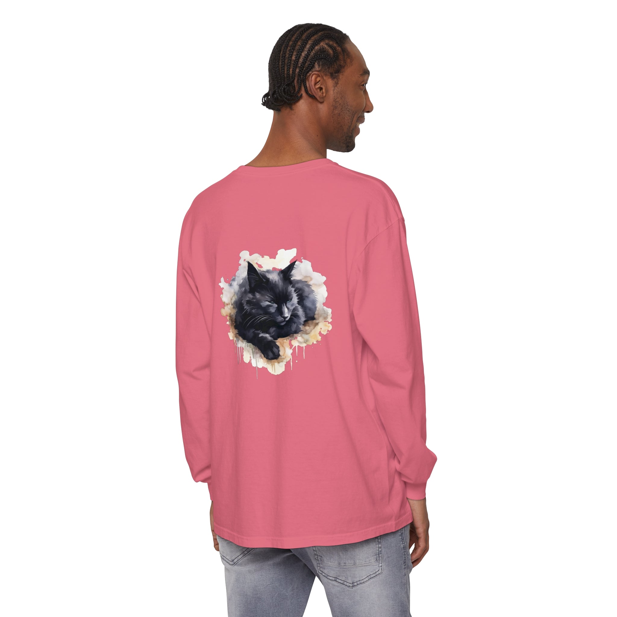 Black t-shirt with a watercolor painting of a sleeping cat