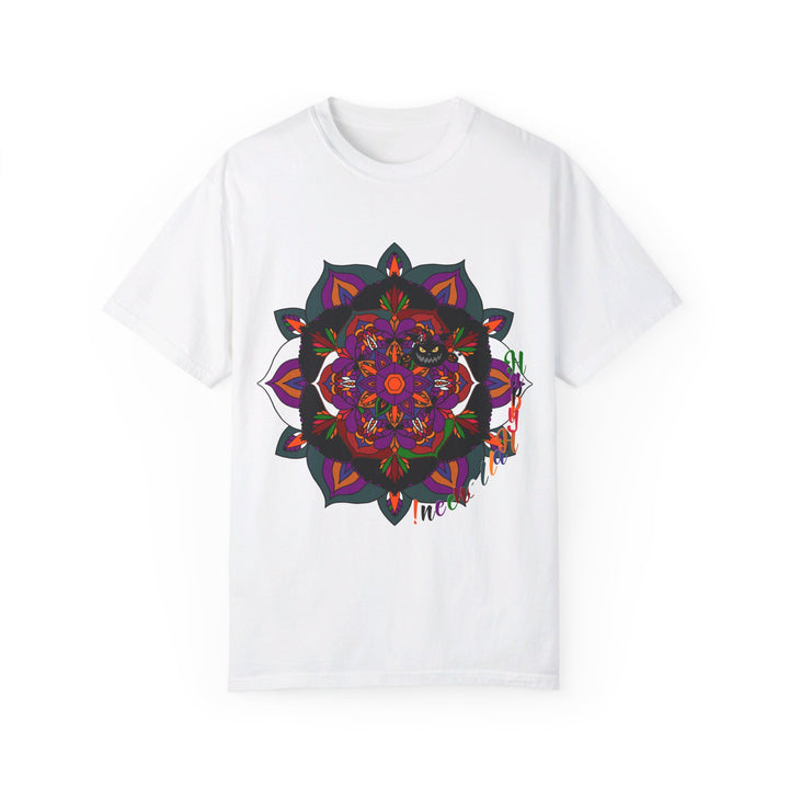 Handmade unisex Halloween mandala t-shirt featuring intricate pumpkin mandala art on a garment-dyed tee