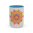A vibrant and colorful mandala art mug designed for meditation and relaxation