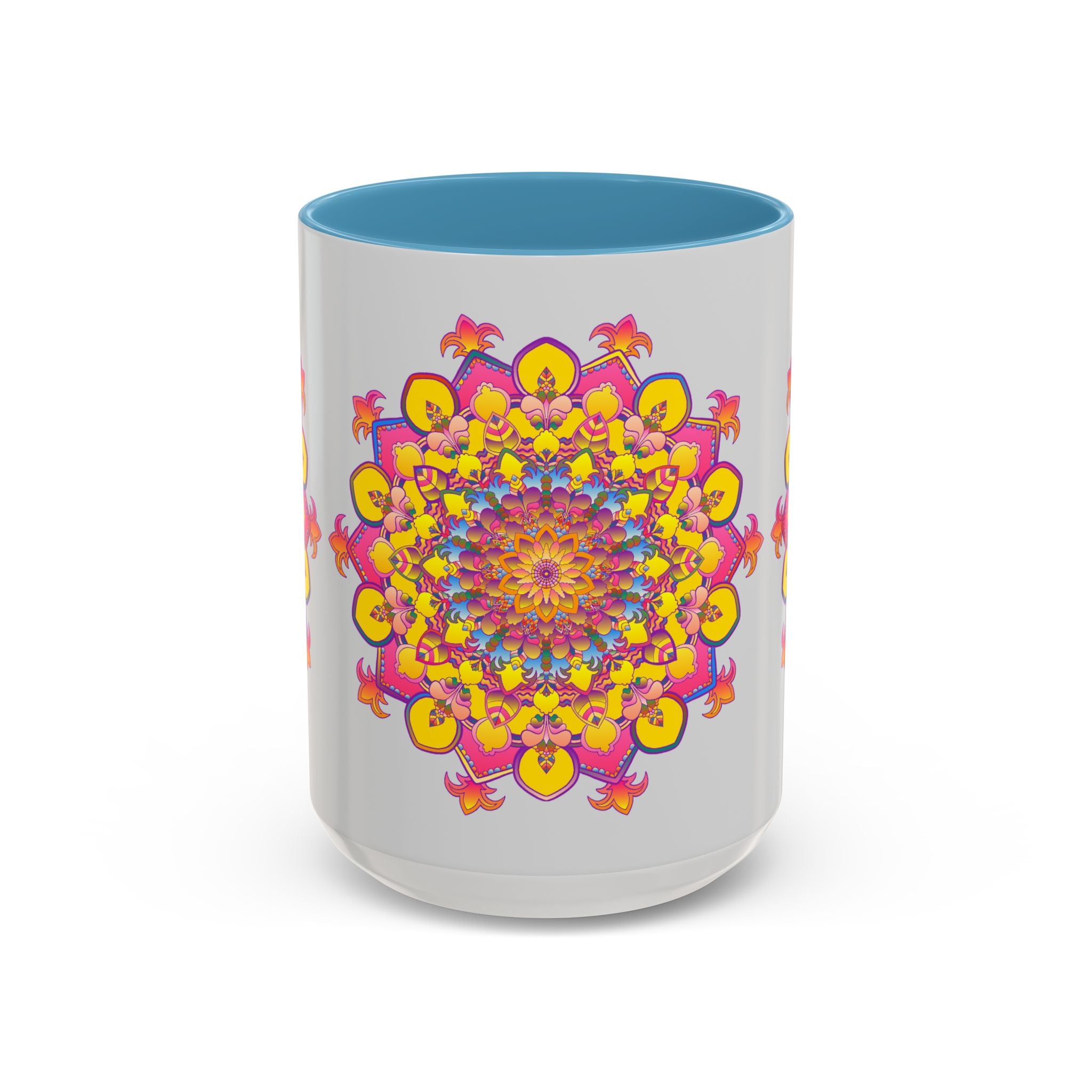 A vibrant and colorful mandala art mug designed for meditation and relaxation