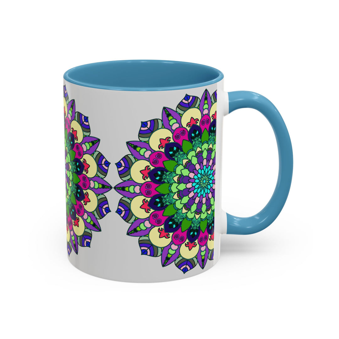 Handcrafted ceramic mug with intricate mandala design in vibrant colors, perfect for meditative moments and adding a touch of spirituality to your daily routine