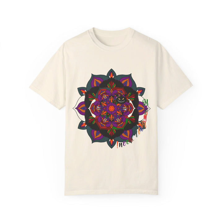 Halloween Mandala T-shirt Unisex - Handmade Pumpkin Mandala Art - Garment-Dyed Tee displayed on a white background, perfect for celebrating the spooky season