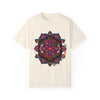 Halloween Mandala T-shirt Unisex - Handmade Pumpkin Mandala Art - Garment-Dyed Tee displayed on a white background, perfect for celebrating the spooky season