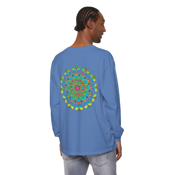 Vibrant and colorful long sleeve tie dye t-shirt with psychedelic mandala design