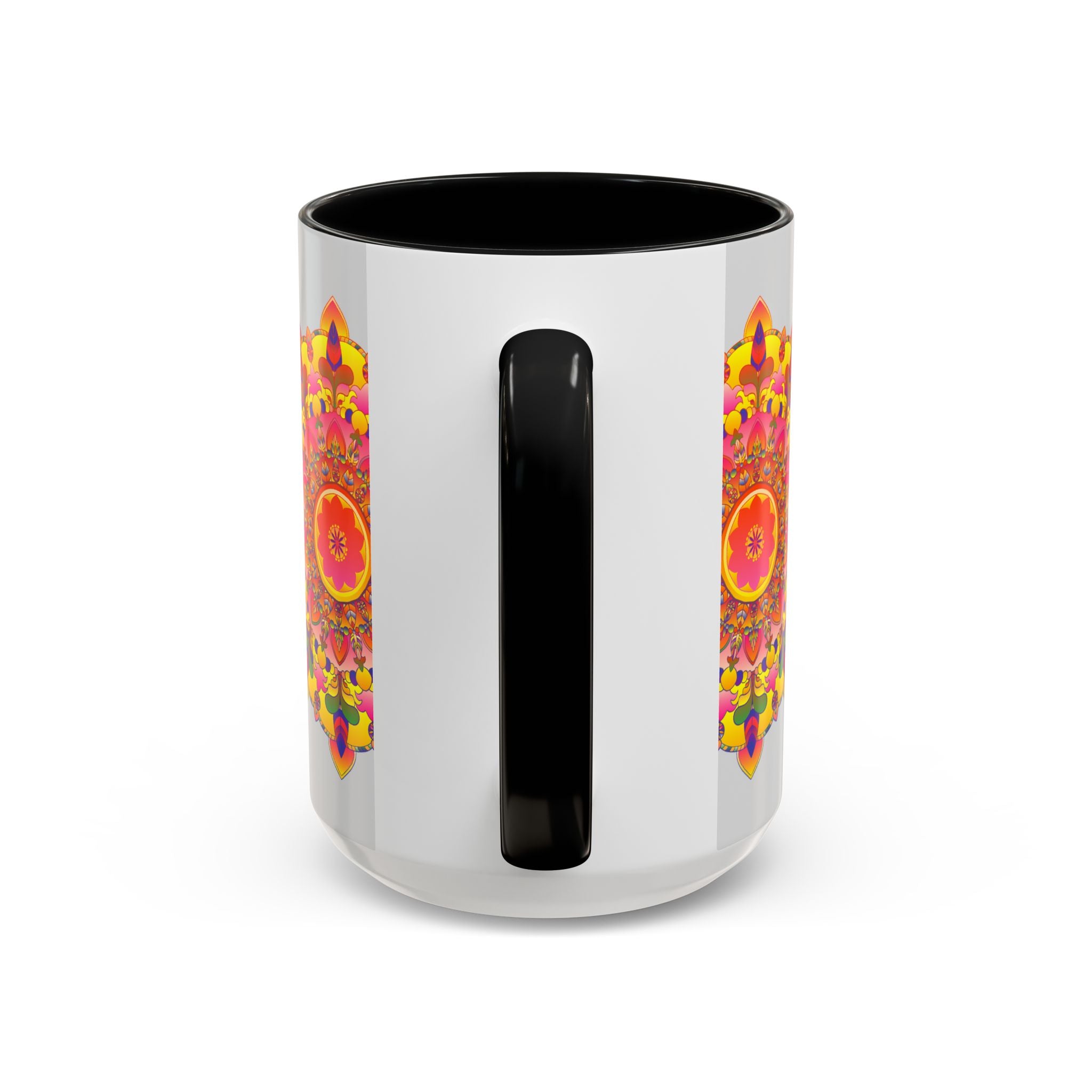 A vibrant and detailed mandala art mug, featuring intricate designs in various colors