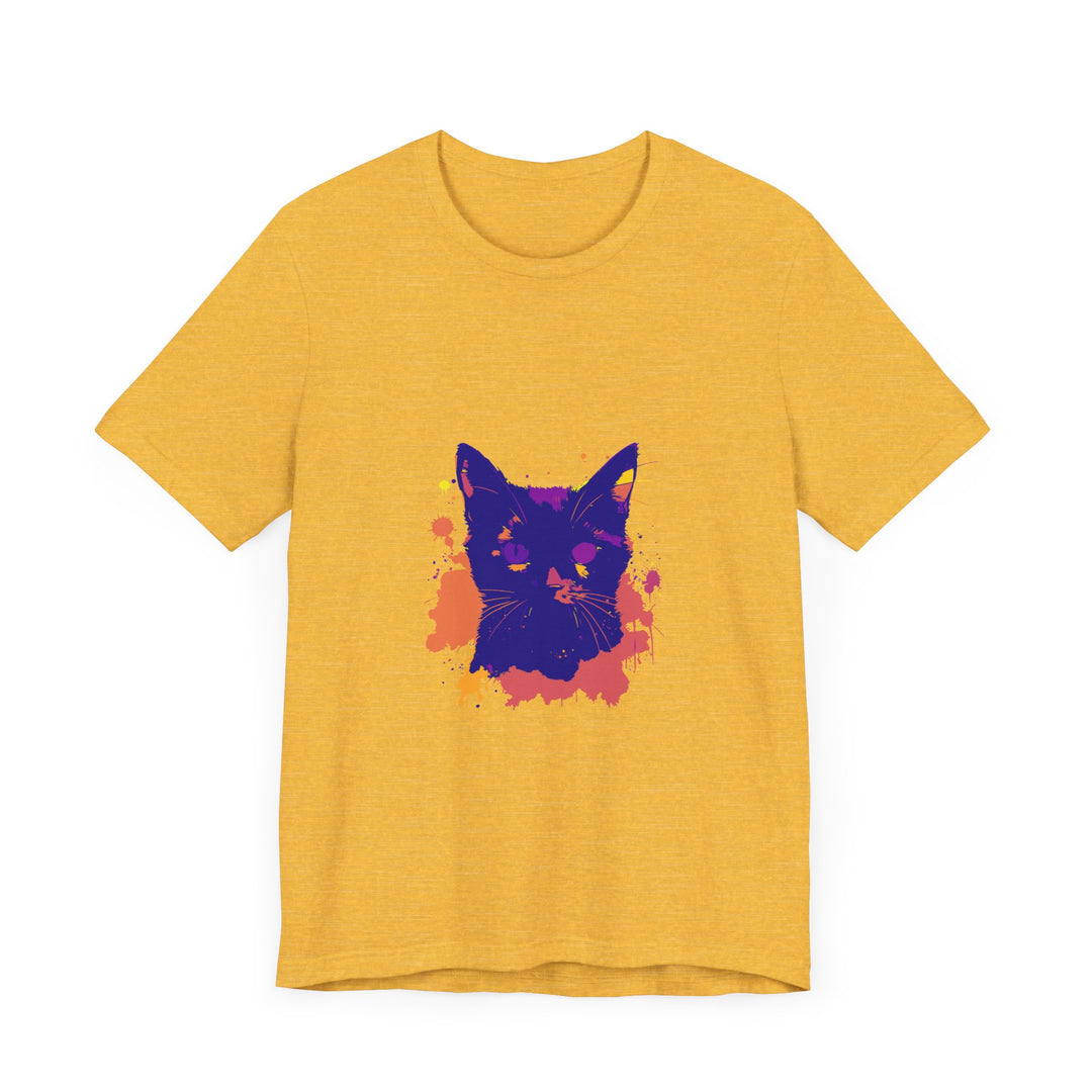 A fashionable black cat mystery t-shirt with a colorful and unique splatter pattern