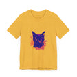 A fashionable black cat mystery t-shirt with a colorful and unique splatter pattern
