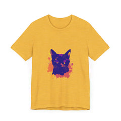 A fashionable black cat mystery t-shirt with a colorful and unique splatter pattern