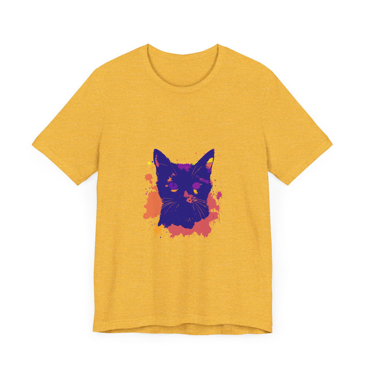 A fashionable black cat mystery t-shirt with a colorful and unique splatter pattern