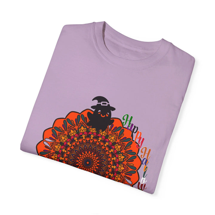 A vibrant and unique unisex Halloween mandala T-shirt featuring handmade pumpkin mandala art on a garment-dyed tee