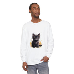 A stylish and unique Black Kitten Watercolor Splash T-Shirt with vibrant colors and a playful kitten design