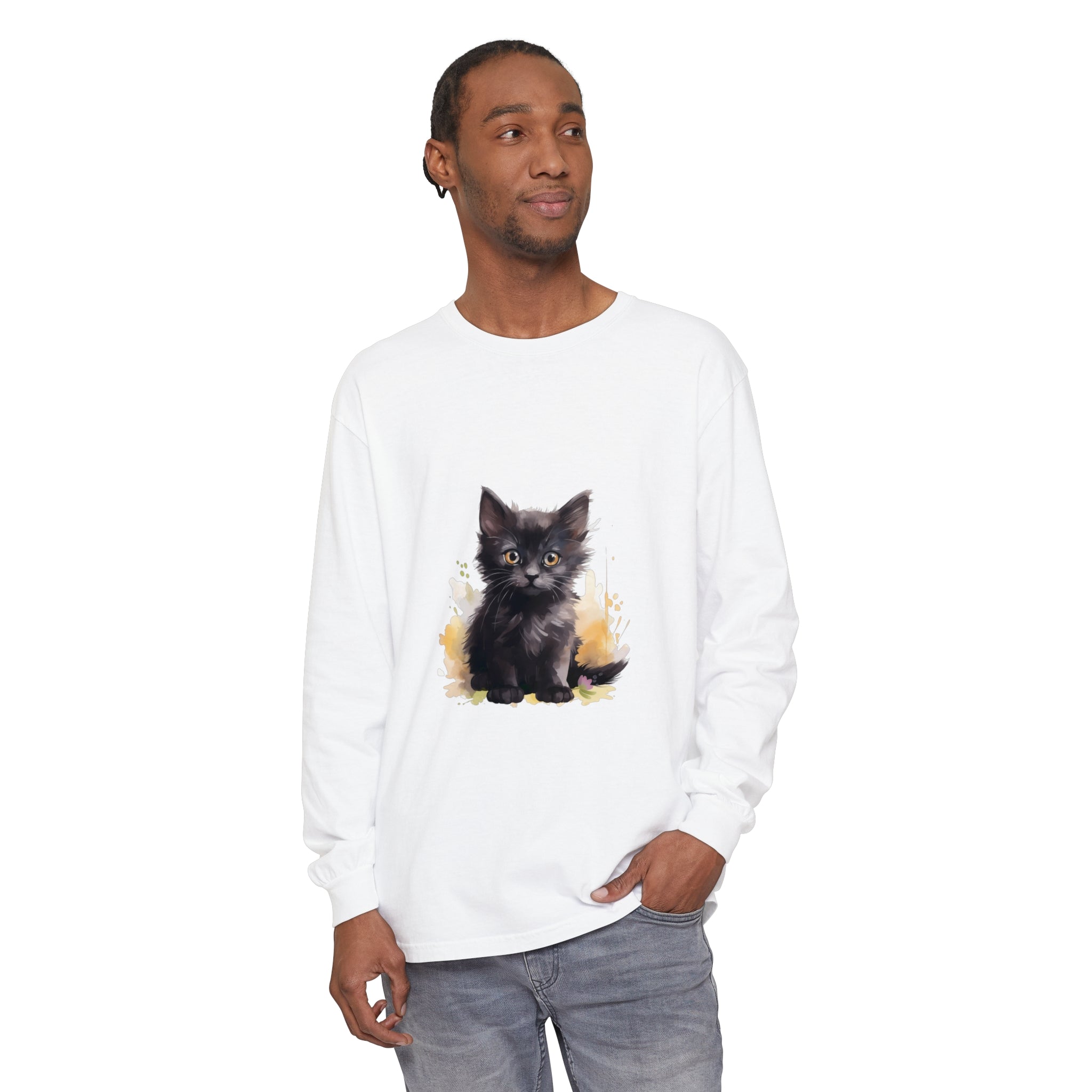 A stylish and unique Black Kitten Watercolor Splash T-Shirt with vibrant colors and a playful kitten design