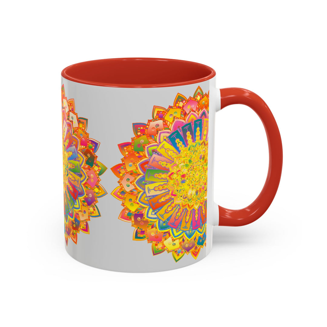 Grey ceramic mug with a colorful and detailed mandala pattern