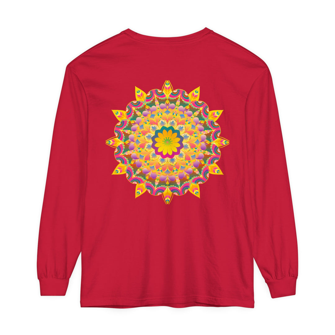 Colorful and intricate psychedelic mandala design on a long sleeve t-shirt