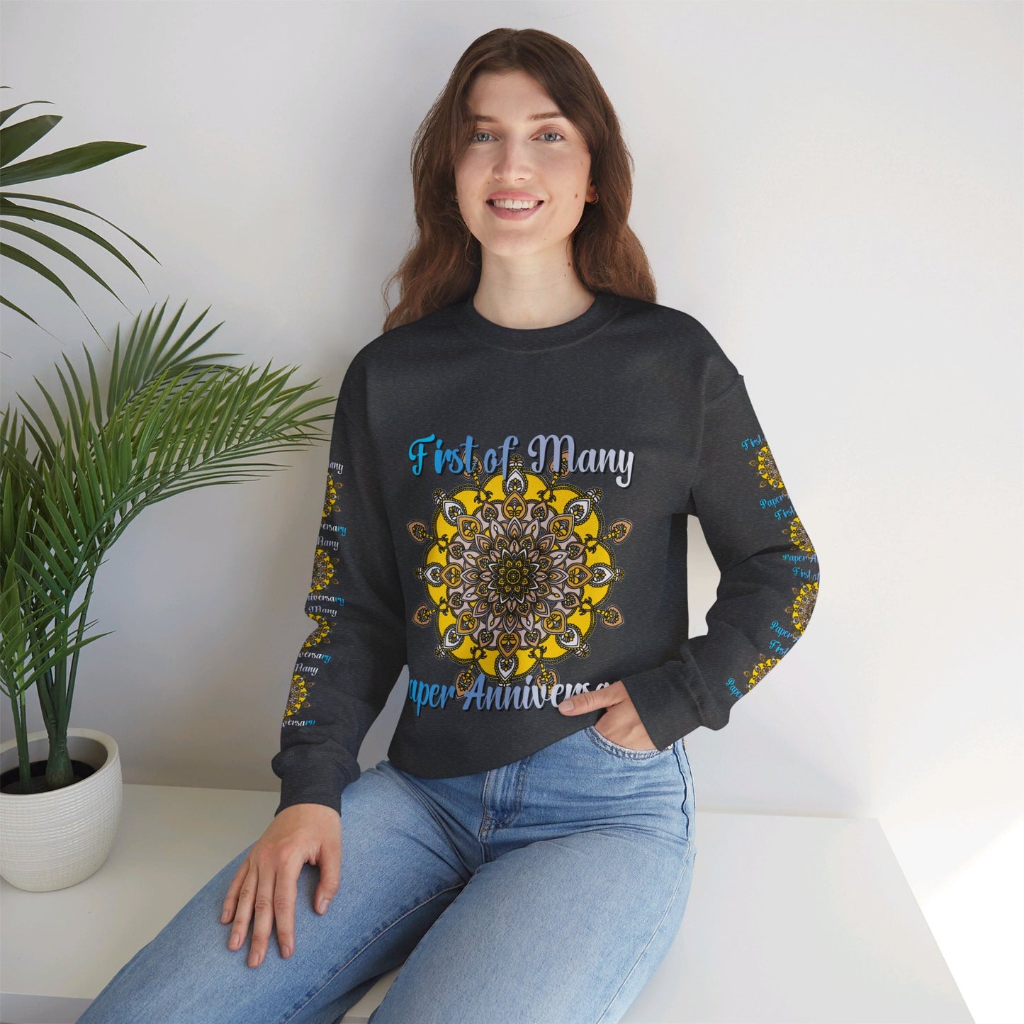 Unisex Heavy Blend™ Crewneck Sweatshirt celebrating first year wedding anniversary with 'First of Many, Paper Anniversary' design in stylish and comfortable fashion