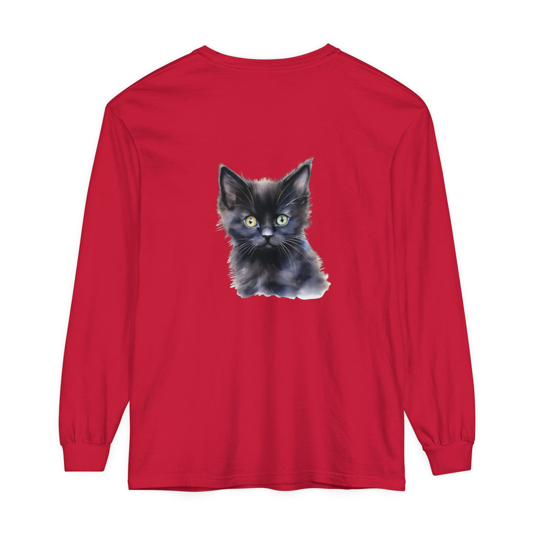 Black long sleeve unisex t-shirt with mystical kitten graphic design