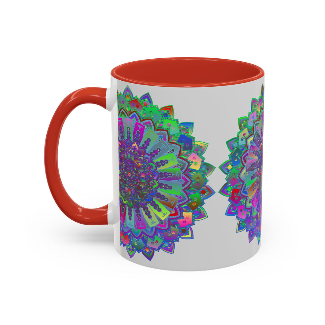 Colorful and intricate mandala art mug with vibrant designs in shades of blue and green