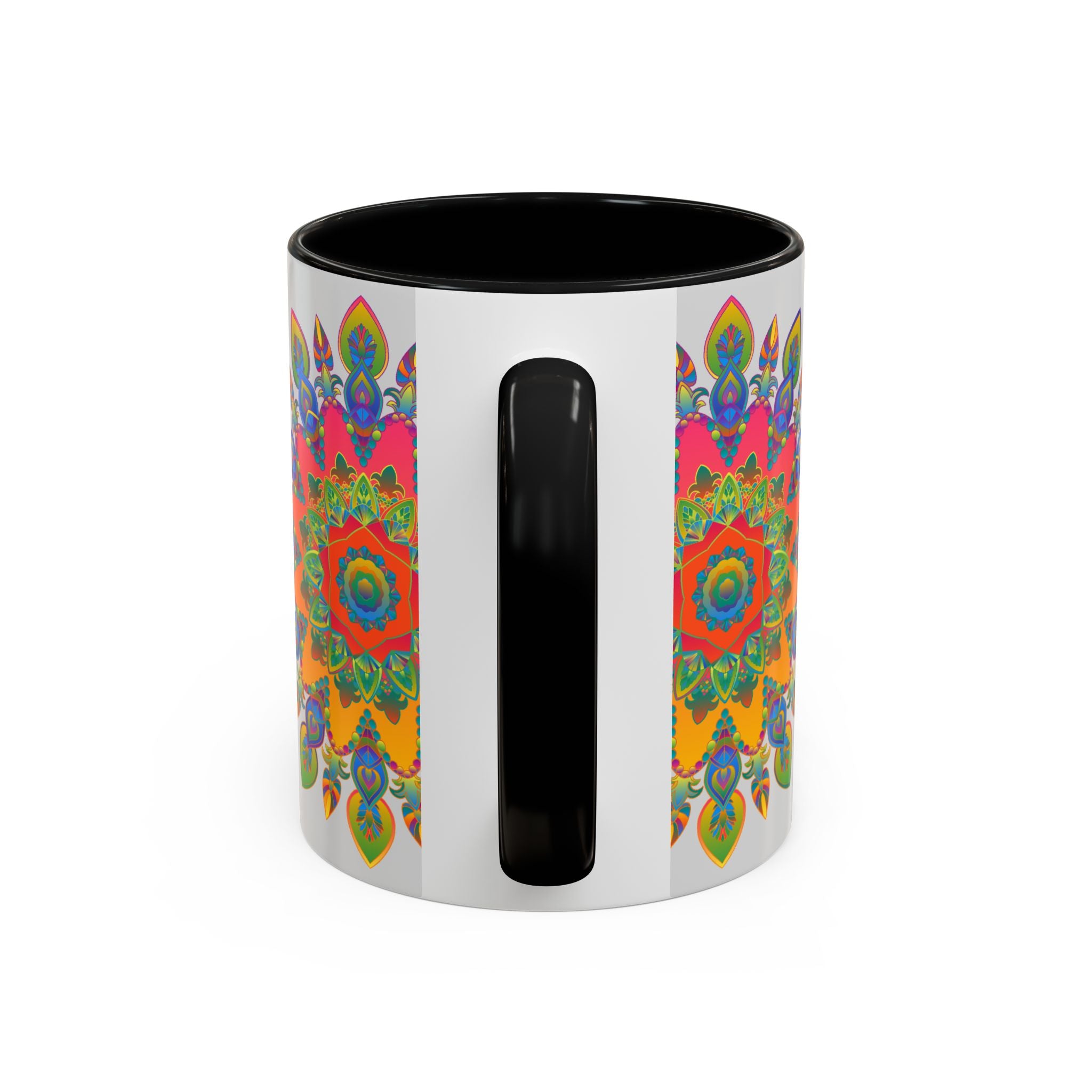 Colorful mandala mug featuring intricate and vibrant art on a grey background