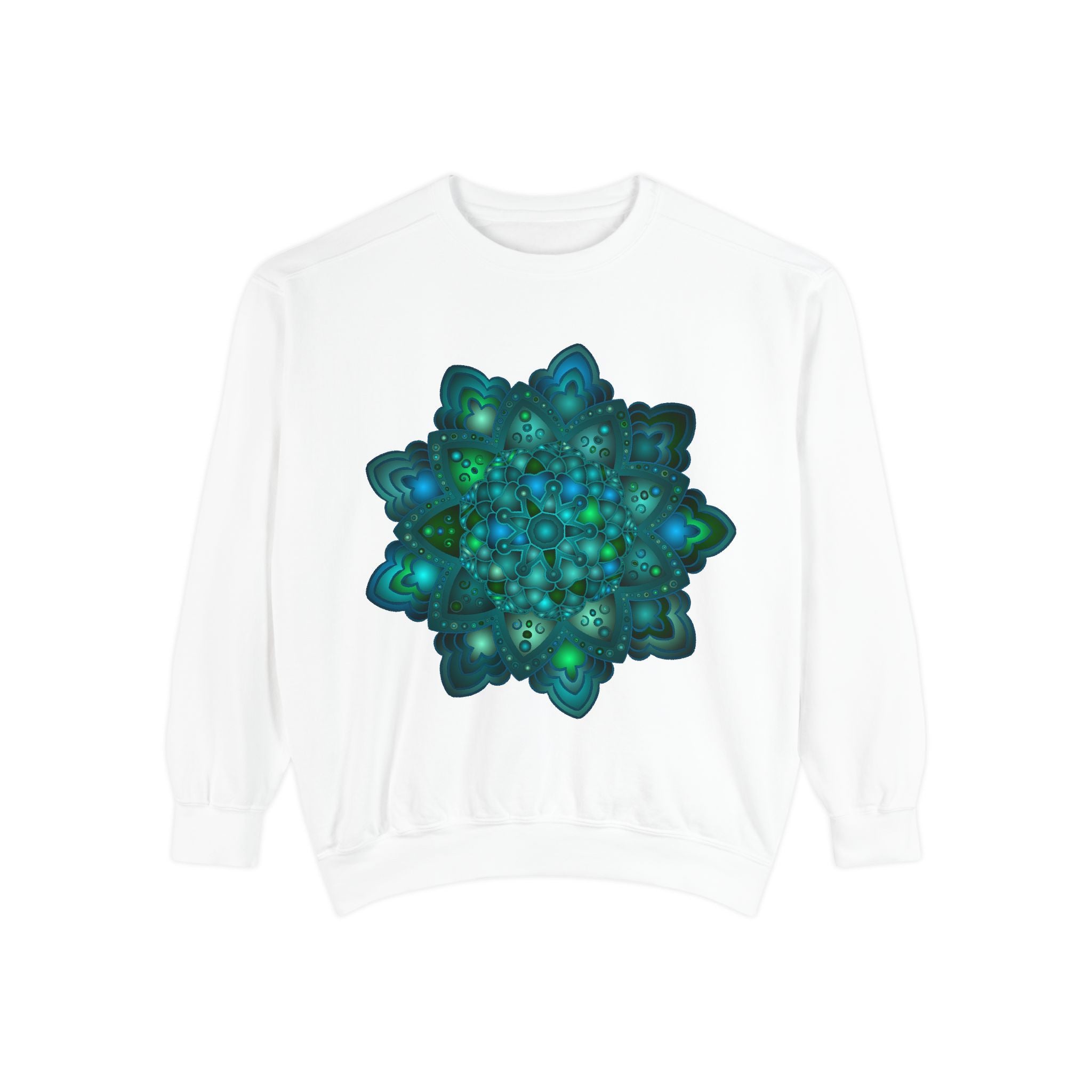 A close-up image of the intricate blue and green mandala design on a sweatshirt, featuring detailed patterns and vibrant colors